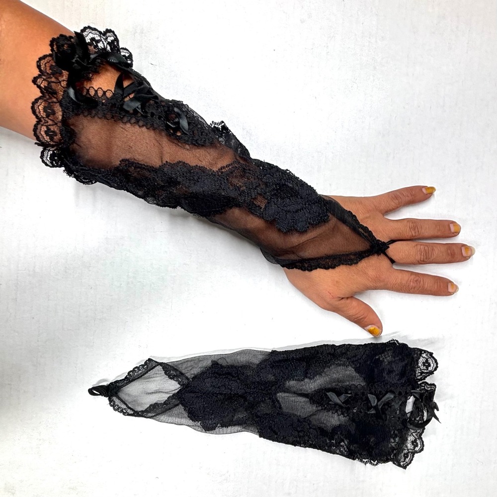 VTG Frederick's of Hollywood Black Lace Fingerless Gloves Bows S-2XL‎ Nylon EUC